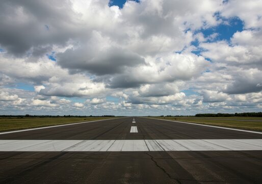 A vast, lonely airport runway stretching out toward the horizon under a dense blanket of rolling summer cumulus clouds ,gray ,field ,overcast