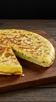 Delicious homemade golden tortilla omelet slice, revealing the texture of fluffy eggs and thick cut potatoes on a rustic wooden table ,appetizer ,plate ,dinner