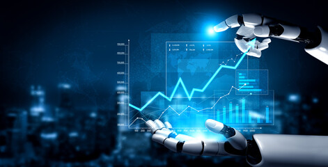 A robotic hand skillfully interacts with digital graphs and charts, representing data analysis and trends in a futuristic business environment focused on innovation. Scalp