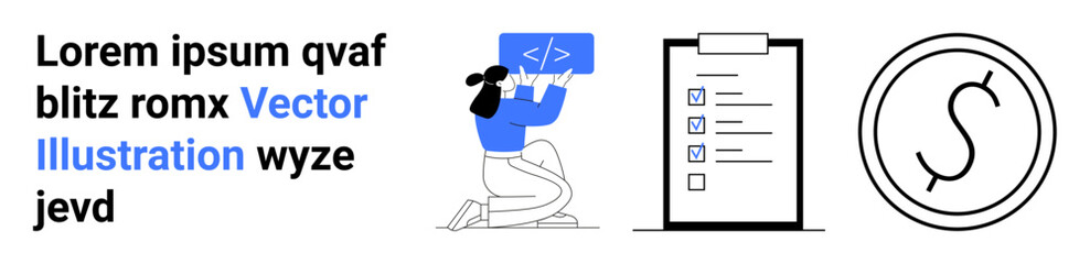 Obraz premium Software development, task management, finance, productivity, teamwork, workflow strategy. Woman coding with brackets, clipboard with checklist circular currency symbol. Software development