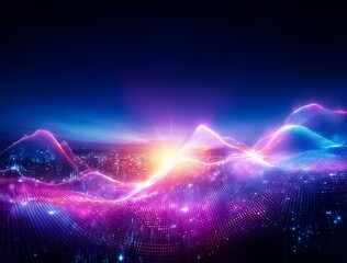 Colorful, abstract image of a mountain range with a bright sun in the background