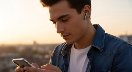 Young caucasian man wearing wireless earbud and using smartphone, connecting with digital world outdoors in city at sunset, modern technology lifestyle.