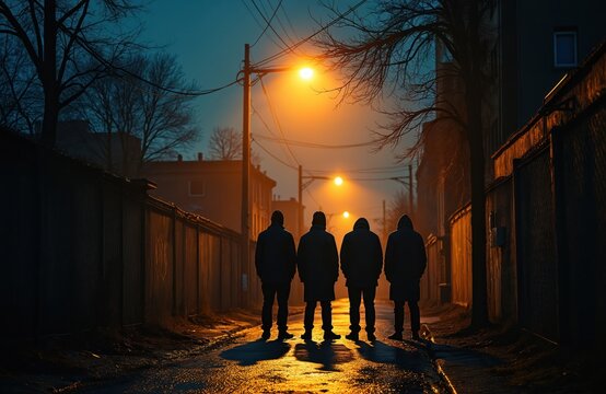 Four hooded men stand in a dark wet alleyway under streetlights. They huddle together creating shadows. The urban scene feels dangerous and poor with graffiti on the wall. Night atmosphere.