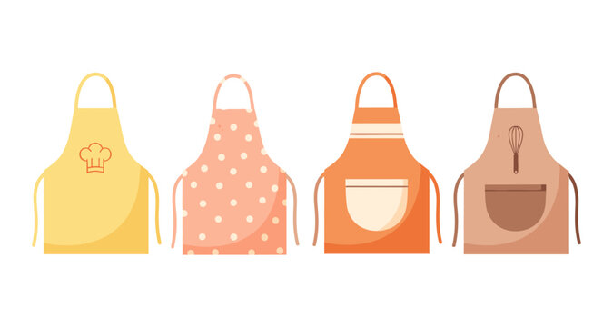 Collection of four colorful aprons with kitchen icons and patterns