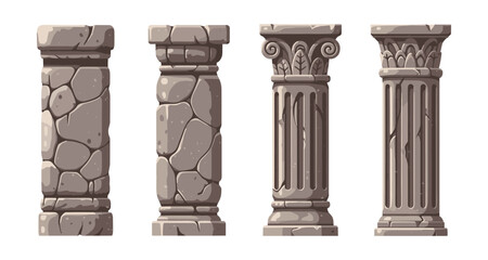 Collection of four ancient stone columns with different architectural styles