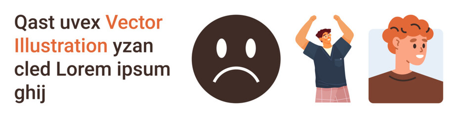 Emotional states, communication, expressions, placeholder text, design concepts, creative content. Brown sad face icon with two male characters and sample text. Emotional states and communication