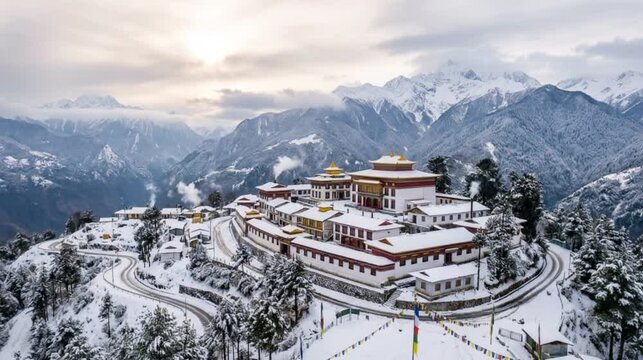 snowy winter day in tawang monastery and mountain town india video