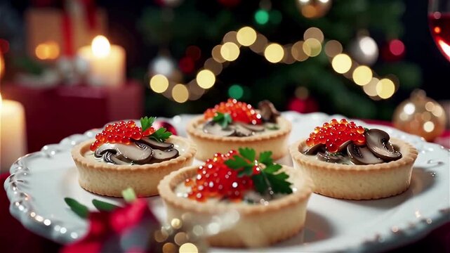 Close-up of a festive table with shortbread tartlets on a white festive plate