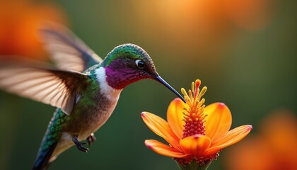 Fototapeta premium Tiny hummingbird with iridescent feathers hovers near bright orange blossom sipping nectar. Bird vibrant green, purple plumage, delicate wings outstretched. Macro view of avian life feeding on sweet