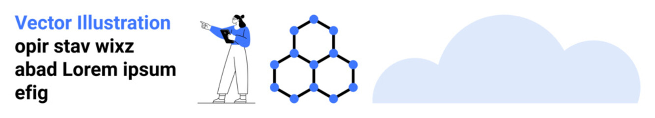 Figure pointing at interconnected hexagonal shape, paired with abstract cloud. Ideal for technology, networking, innovation, science, data, cloud computing, simple landing page