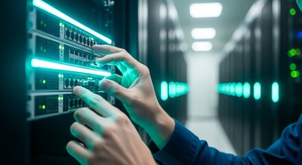 Man working on server in server room. Data center technician maintaining IT infrastructure. Network administrator for modern data storage.