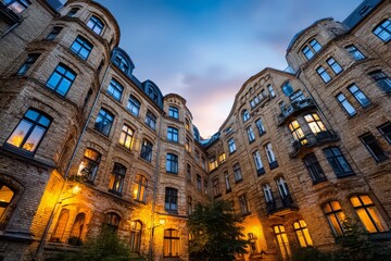 Large building with many windows and a courtyard in the middle. The courtyard is lit up with lights, creating a warm