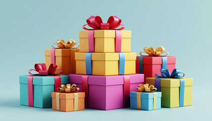 Obraz premium 3d render of colorful gift boxes with ribbons on blue background