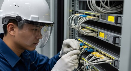 Caucasian man IT technician connecting network cable into server. Data center maintenance and administration by engineer. Information technology concept.