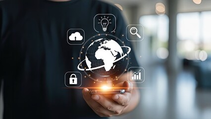 Businessman presenting innovative global technology solutions on smartphone