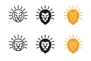 Fototapeta premium Radiant Lion Icon Set. Lion head framed by radiant sun rays forming a circular crown, minimalist vector icon set, first in line