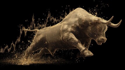 A golden, wireframe bull statue bursts forward with energy, overlaid with stock market data against a black background