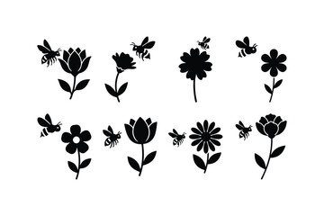 bee on flower silhouette vector set