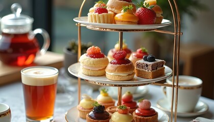 Tiered stand holds small cakes, tarts, and fruit pastries. A glass teapot and a cup of tea are on the table. This luxury dessert assortment looks delicious and elegant for any special occasion.