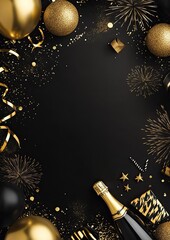A festive black background adorned with elegant New Year's or celebration decorations