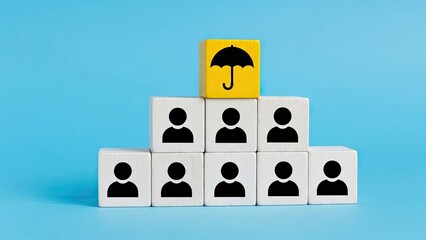 Protected group of people with umbrella symbol on top block
