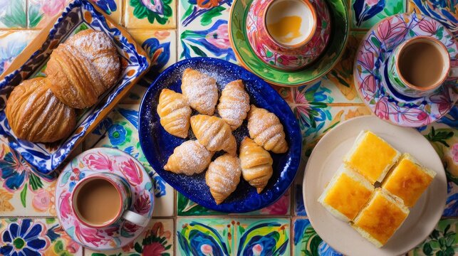 Flatlay top view of assorted Mexican pastries including orejas and cuernos, beautifully arranged on colorful tiles with coffee cups, creating a vibrant culinary scene
