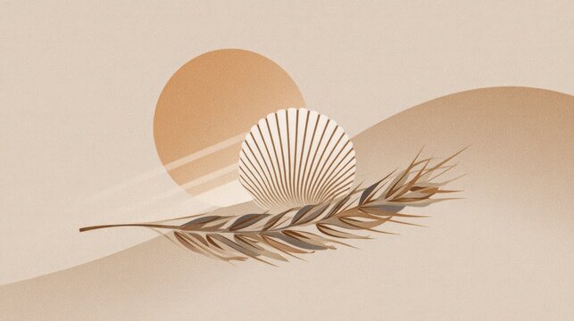 Minimalist  illustration featuring a stylized panadera logo with a sun, shell, and leaf elements, creating a serene and harmonious visual composition with soft earthy tones