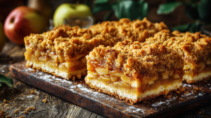 square apple crumb cake or pie bars served on a dark rustic wood cutting board. Dessert shows layers of buttery crust, soft apple filling, and crunchy streusel topping, perfect for fall and holidays.