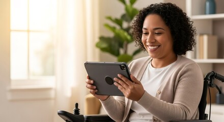 A smiling african american woman in a wheelchair using a digital tablet for video call. Telemedicine and accessible technology concept for healthcare communication.
