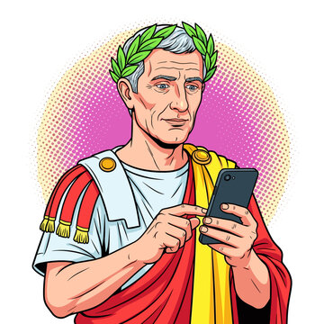 Julius Caesar reading news on smartphone, pop art flat vector illustration