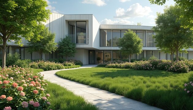 Modern building facade with clean lines and large windows. Lush green lawn and flowering bushes surround the structure. A stone pathway curves through the garden landscape. - Powered by Adobe