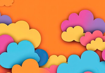 Vibrant overlapping paper clouds in multicolored hues clustered on an orange backdrop for a cheerful abstract composition