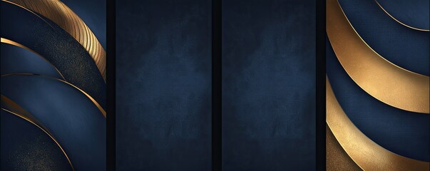 An elegant abstract background with vertical panels in deep navy blue and flowing golden waves