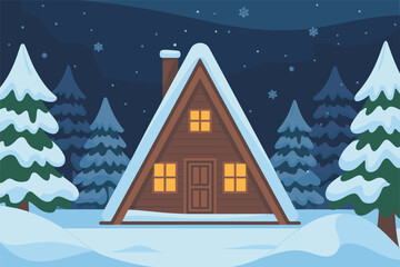 Fototapeta premium Cozy A-Frame Cabin in a Snowy Winter Night