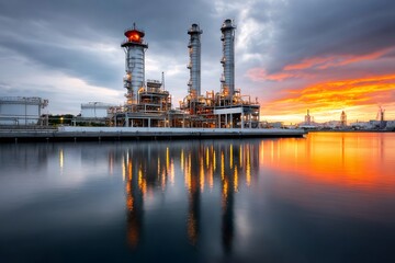 Obraz premium Oil refinery plant reflecting on water at sunset