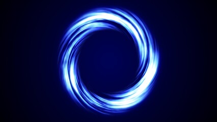 Looped twirl circle of stripes and lines of bright blue beautiful pixels magical energy glowing neon, round frame. Abstract background