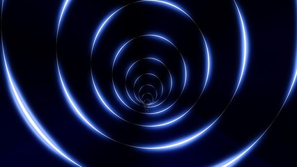 Tunnel of circles and blue glowing bright neon rings. Abstract background
