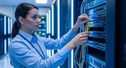 Woman IT technician or engineer working in datacenter and connecting network cables. Fiber optic cable installation for future technology and internet.
