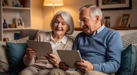 Woman and man using digital tablet on sofa at home. Senior couple happy to send email. Concept of modern communication and mobile internet.