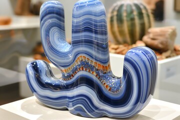 A stunning blue-striped glass sculpture resembling a cactus, showcasing artistic craftsmanship and creativity, merging natural forms with modern design to create a captivating visual statement.