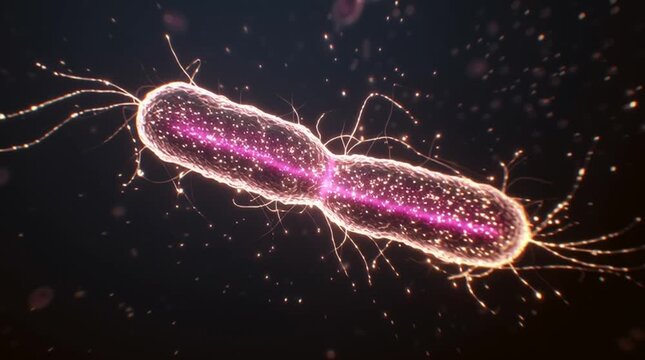 Time-lapse of binary fission in bacteria. A single bacterium elongates and divides into two identical cells, demonstrating basic, simple cellular reproduction.