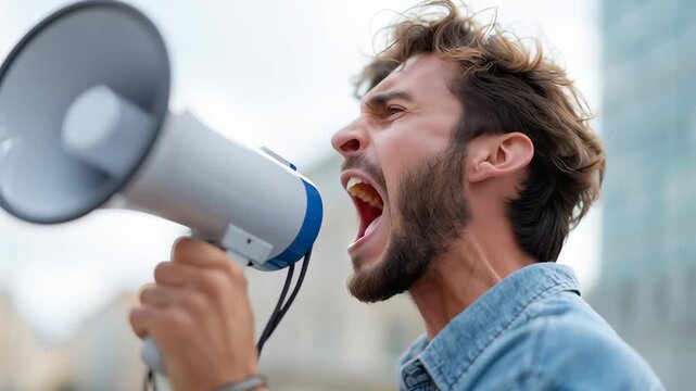 A man is holding a megaphone and yelling. He has a beard and is wearing a blue shirt