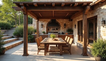Rustic outdoor kitchen with wood pergola features stone walls a large grill and a dining table set for guests. Elegant patio space connects to rich garden backyard.