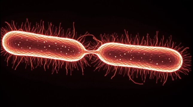 Time-lapse of binary fission in bacteria. A single bacterium elongates and divides into two identical cells, demonstrating basic, simple cellular reproduction.