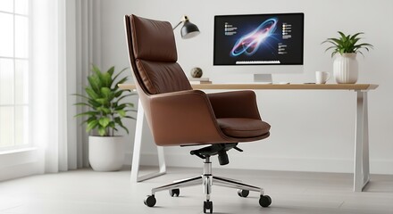 Ergonomic brown leather office chair for home office desk setup and modern home decor furniture design