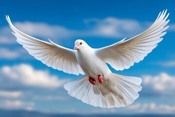 Obraz premium White dove flying with wings spread in blue sky