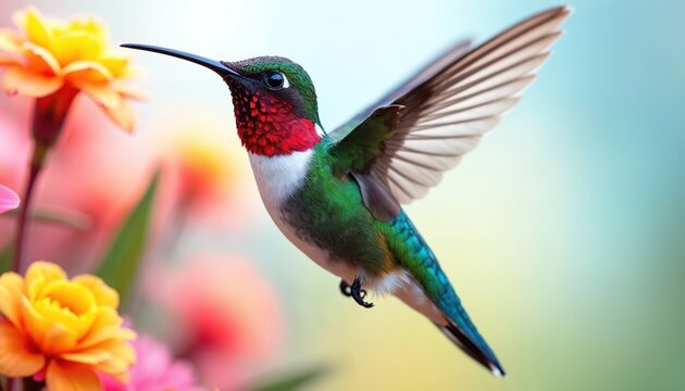 Ruby throated hummingbird hovers near bright flowers seeking nectar. Tiny bird with iridescent green plumage, red gorget, white breast flits wings rapidly. Delicate creature drinks from bloom in