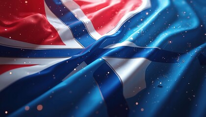 Waving Norway flag in blue red and white colors. Fabric ripples with bright light effects. Digital motion graphics with sparkling elements for festive spirit.