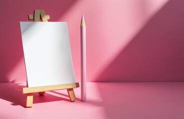 Wooden easel holds blank white paper sheet beside pink pencil on pastel pink surface. Minimalist still life scene with diagonal light shadows. Ready for drawing or writing.