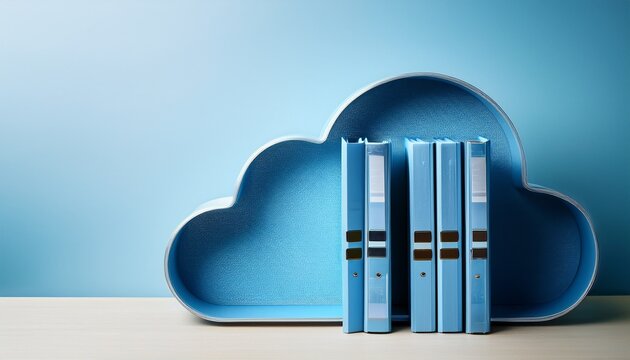 cloud storage concept with blue books and folders on light background for digital media